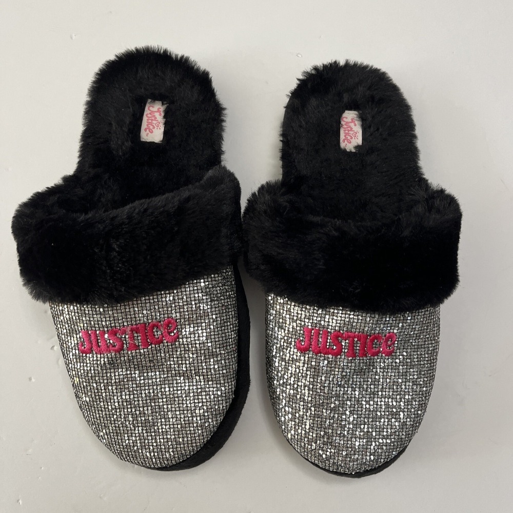 Justice Women's‎ House Slippers Black & Silver Disco Ball Size 6 NWT SUPER CUTE!
